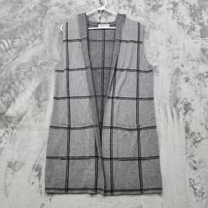 89th + Madison Cardigan Womens M Gray Black Plaid Hooded Open Front Sleeveless‎